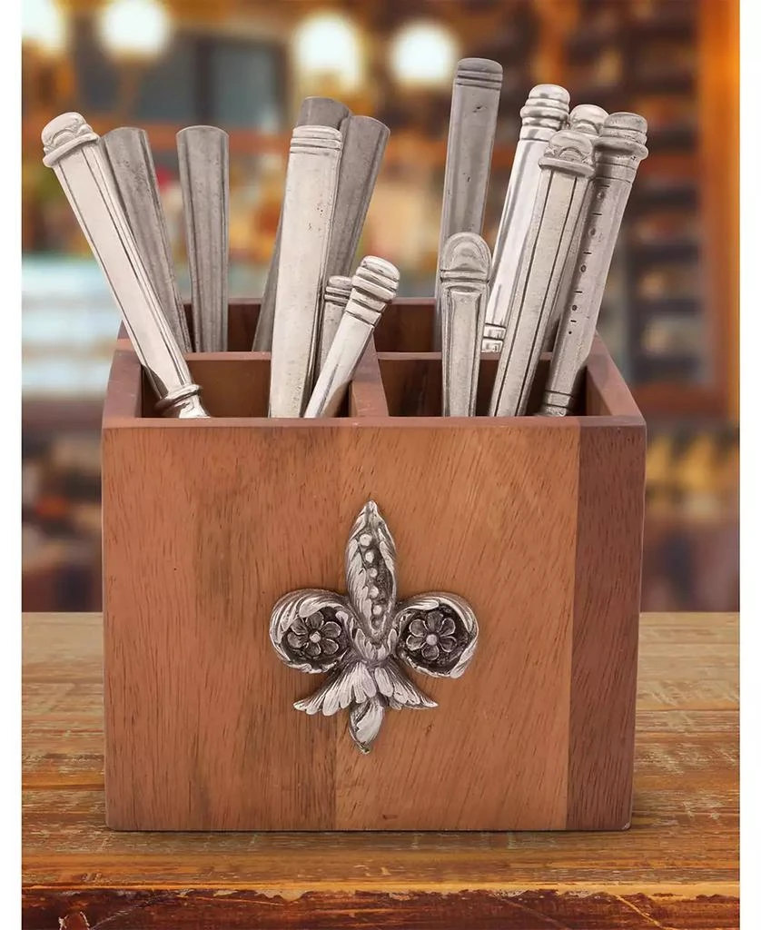 商品Vagabond House|Square Caddy Acacia Wood Flatware, Serve Ware, Utensil, Carry-All Holder with Solid Pewter Fleur De Lis Accent, 4 Compartments,价格¥818,第2张图片详细描述