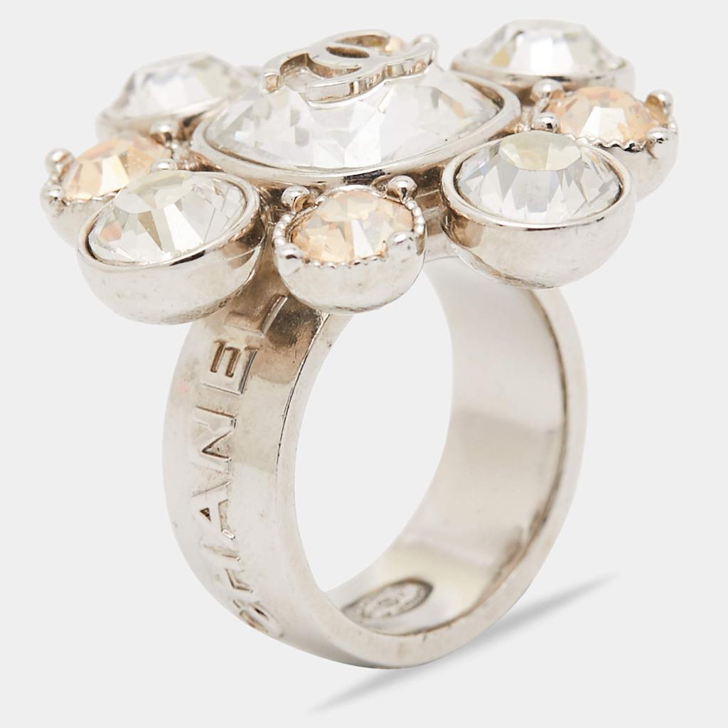 商品[二手商品] Chanel|Chanel Silver Tone Crystal CC Cocktail Ring Size EU 54,价格¥4093,第1张图片