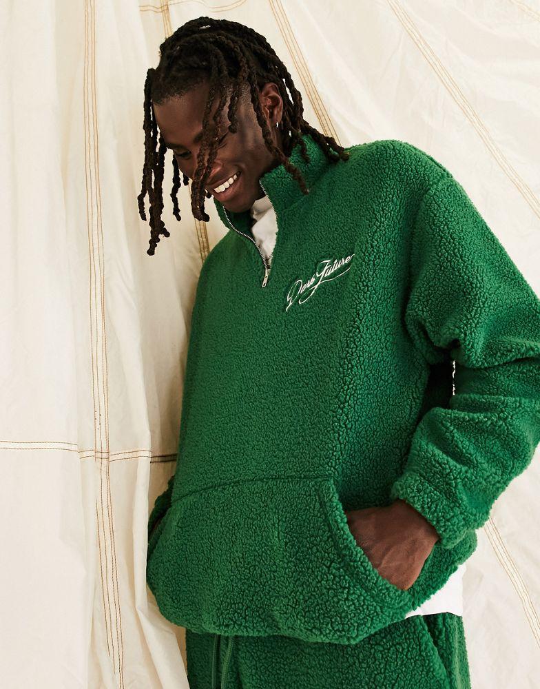 ASOS Dark Future co-ord oversized quarter zip sweatshirt in teddy borg with logo embroidery in dark green商品第1张图片规格展示