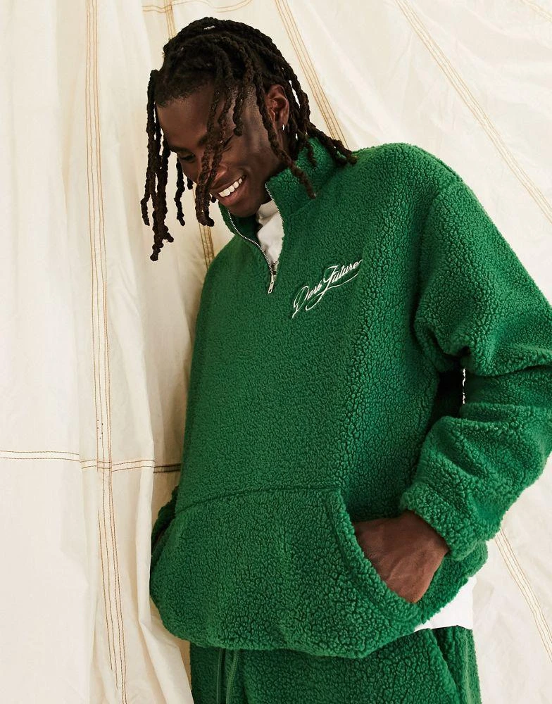 商品ASOS|ASOS Dark Future co-ord oversized quarter zip sweatshirt in teddy borg with logo embroidery in dark green,价格¥345,第1张图片