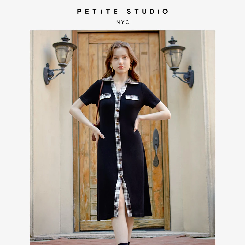 商品[国内直发] Petite Studio NYC|Harper黑色格子边V领显瘦高腰针织连衣裙 |  HarperDress - Black,价格¥563,第1张图片