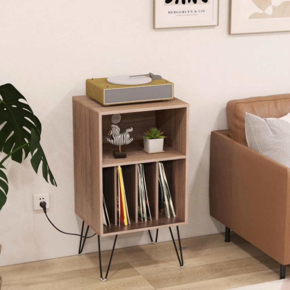 商品Hivvago|Record Player Stand with Charging Station for Living Room Bedroom-Walnut,价格¥675,第1张图片