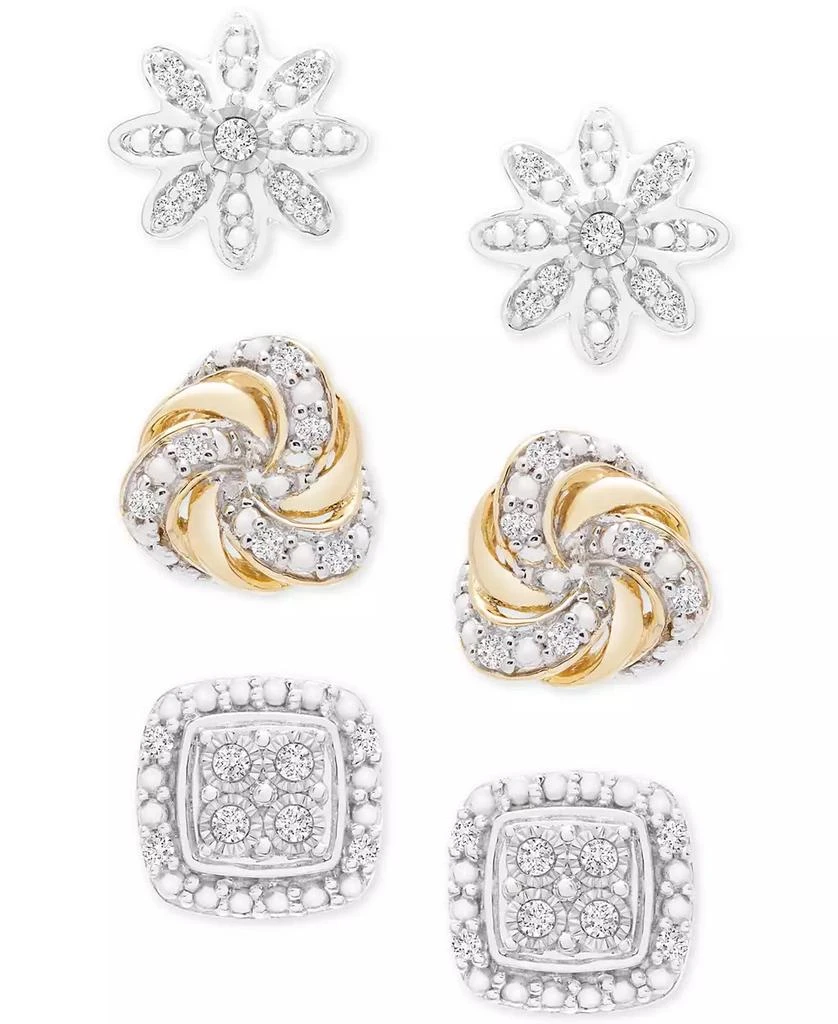 商品Macy's|3-Pc. Diamond Stud Earrings Set (1/4 ct. t.w.) in Sterling Silver & 14k Gold-Plate,价格¥752,第1张图片