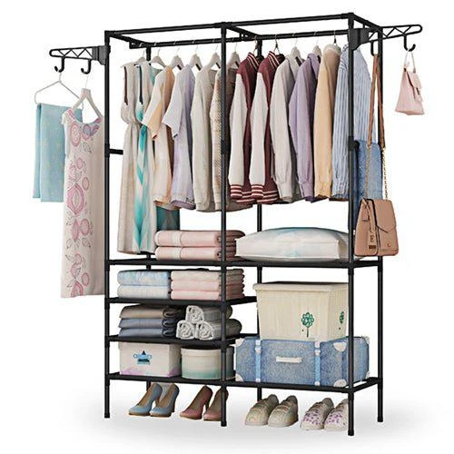 商品Fresh Fab Finds|Metal Garment Rack Shoe Clothing Organizer Shelves Freestanding Multifunctional Clothes Wardrobe Black,价格¥429,第1张图片