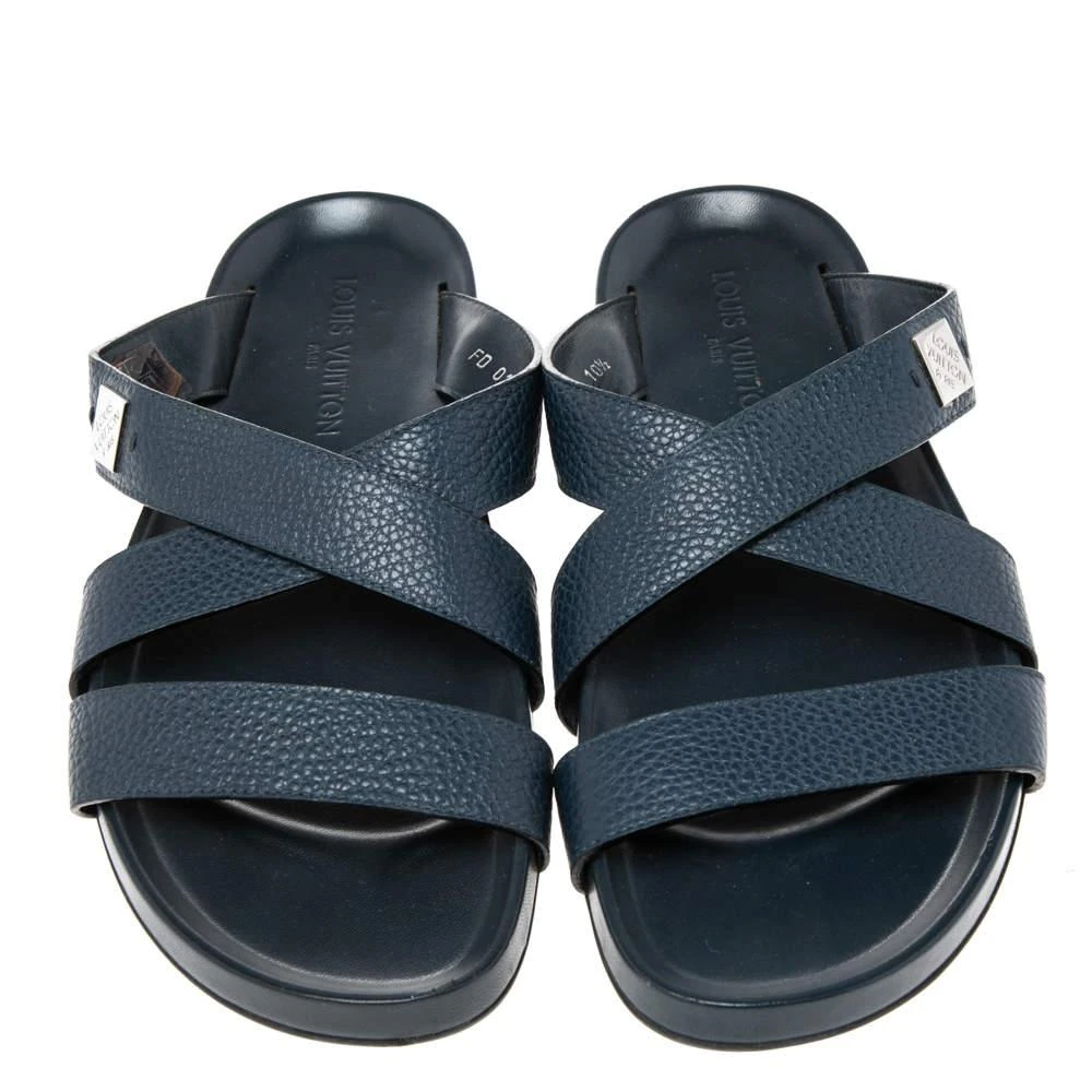 商品[二手商品] Louis Vuitton|Louis Vuitton Navy Blue Leather Criss Cross Strap Flat Slides Size 44.5,价格¥3203,第3张图片详细描述