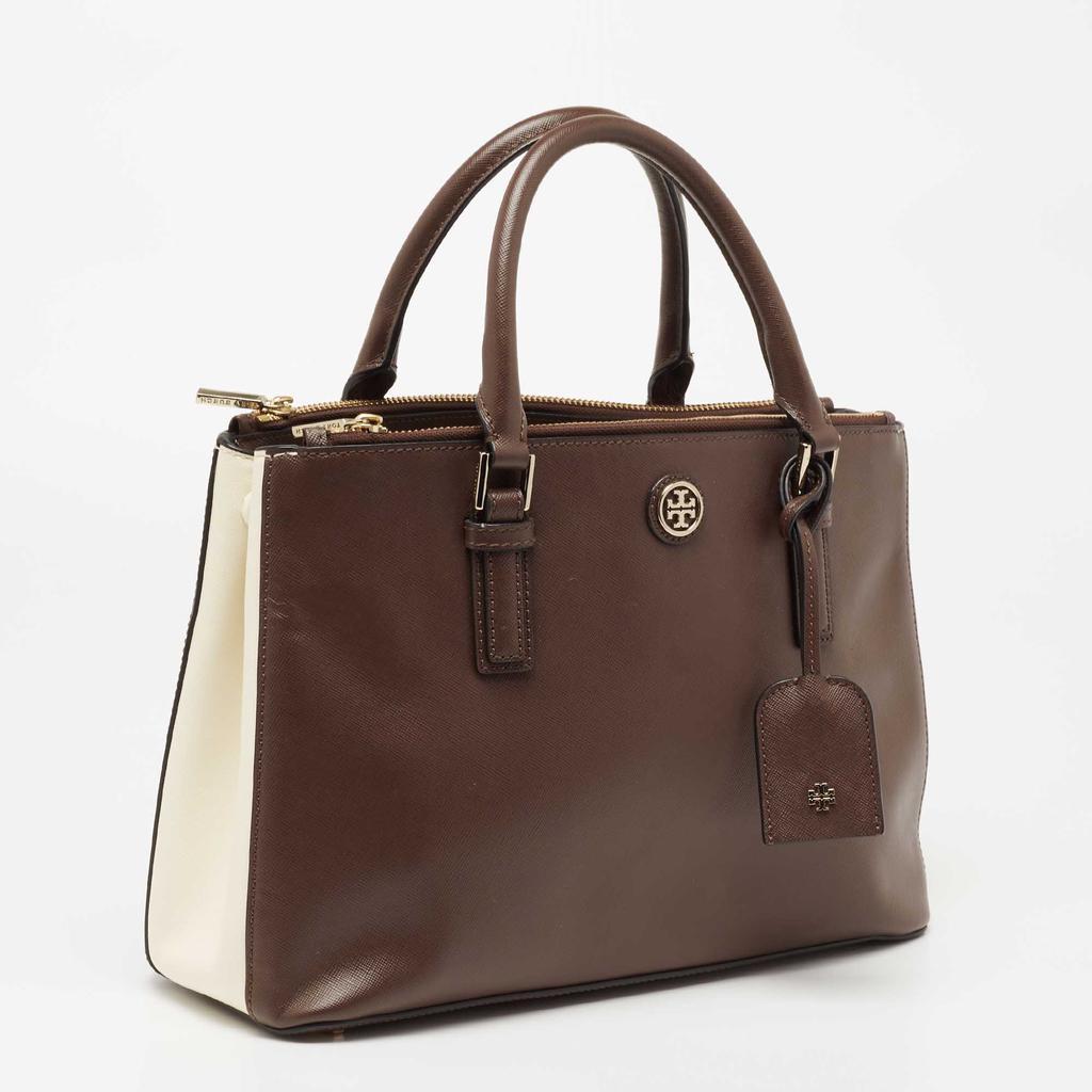 商品[二手商品] Tory Burch|Tory Burch Dark Brown/White Saffiano Leather Robinson Double Zip Tote,价格¥2521,第5张图片详细描述