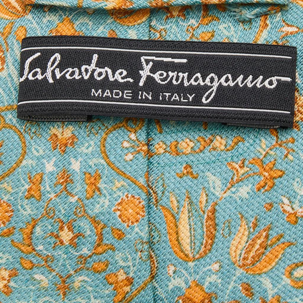 Salvatore Ferragamo Blue Floral Print Silk & Linen Tie商品第3张图片规格展示