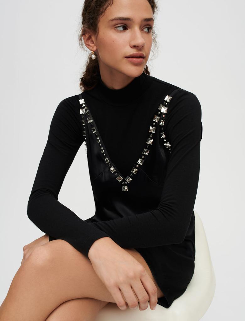 Black satin dress with jewelled strap商品第1张图片规格展示