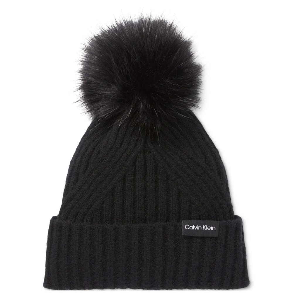 商品Calvin Klein|Women's Ribbed Furry Pom Pom Hat,价格¥216,第1张图片