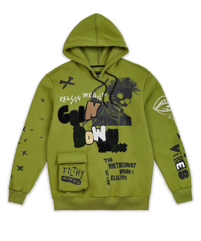 Goin Down Chenille Patched Sleeve Print Hoodie - Olive Green商品第4张图片规格展示