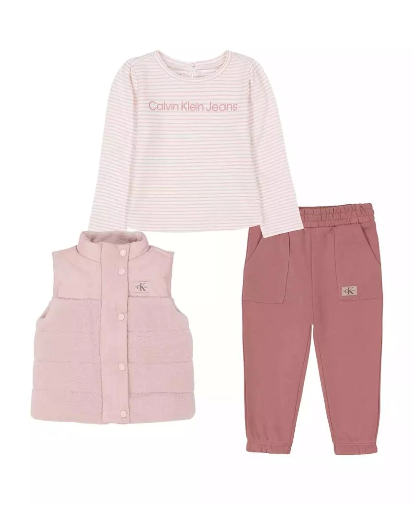 商品Calvin Klein|Toddler and Little Girls Fleece Berber Quilted Vest, Long Sleeve Striped Tee Fleece Joggers, 3-Piece Set,价格¥267,第1张图片
