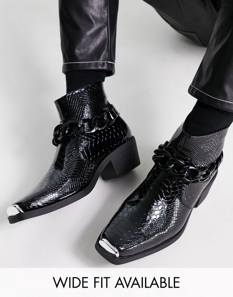 ASOS DESIGN cuban chelsea boot in black patent lizard faux leather with black chain商品第1张图片规格展示