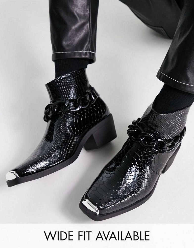 商品ASOS|ASOS DESIGN cuban chelsea boot in black patent lizard faux leather with black chain,价格¥337,第1张图片