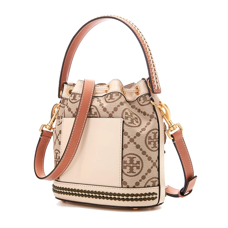 TORY BURCH 汤丽柏琦 T Monogram 经典编织花卉老花满印 皮革 水桶包单肩包手提包 女款 榛子棕 商品