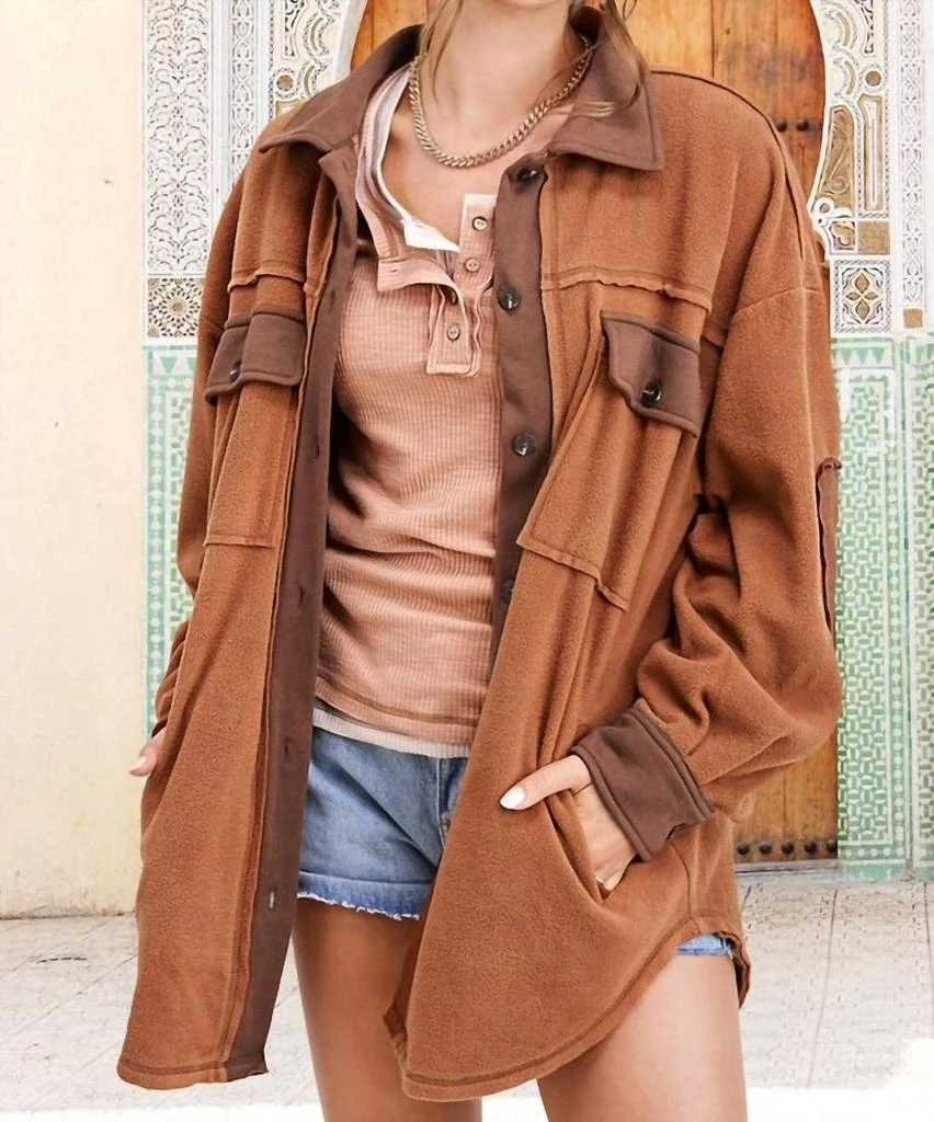 商品LA MIEL|La Miel - Soft Brushed Button Down Long Sleeve Fleece Shacket,价格¥441,第2张图片详细描述