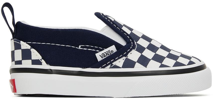 商品[国内直发] Vans|（童鞋，21.5码）Baby Navy & White Checkerboard Slip-On V Sneakers,价格¥125,第1张图片
