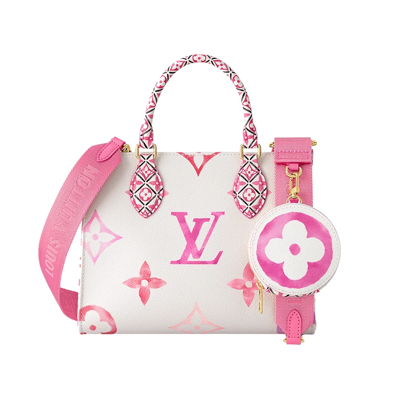 商品Louis Vuitton|【预售十天】路易威登 23新款 OnTheGo女士小号奶油白色/玫瑰粉色交织字母帆布花卉印花托特包 M22976,价格¥22684,第1张图片