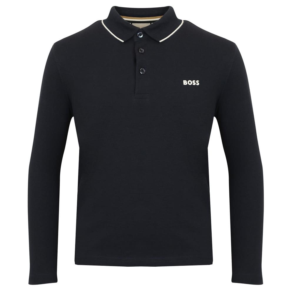 Tipped Collar Long Sleeve Navy Polo Shirt商品第1张图片规格展示