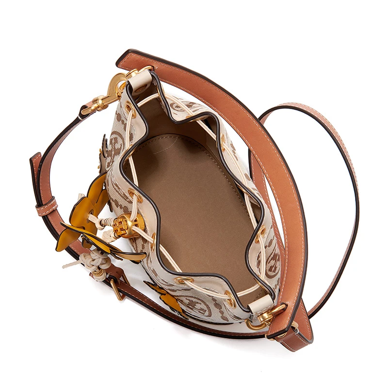 TORY BURCH 汤丽柏琦 T Monogram 经典编织花卉老花满印 皮革 水桶包单肩包手提包 女款 榛子棕 商品