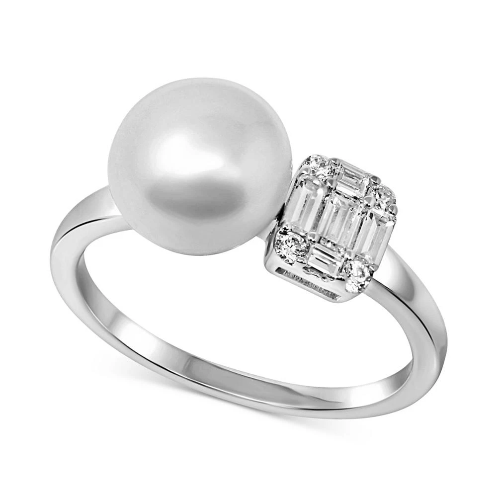 商品Macy's|Cultured Freshwater Pearl (9 mm) & Cubic Zirconia Baguette Cluster Ring in Sterling Silver,价格¥555,第1张图片