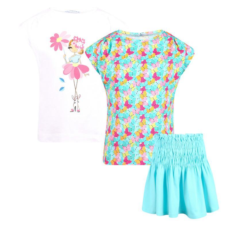 商品Mayoral|Butterflies t shirts and skirt set in turquoise and white,价格¥469,第1张图片