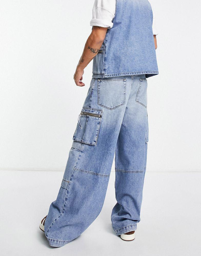 ASOS DESIGN co-ord extreme wide leg jeans in vintage light wash blue with cargo detail商品第2张图片规格展示