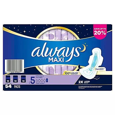 商品Always|Always Maxi Extra Heavy Overnight Pads, Unscented - Size 5 (54 ct.),价格¥105,第1张图片