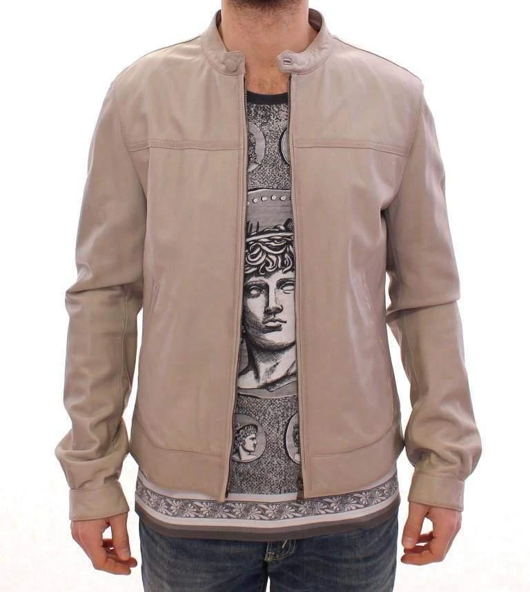 商品Dolce & Gabbana|Dolce & Gabbana  Beige Leather Jacket Biker Coat,价格¥8646,第4张图片详细描述