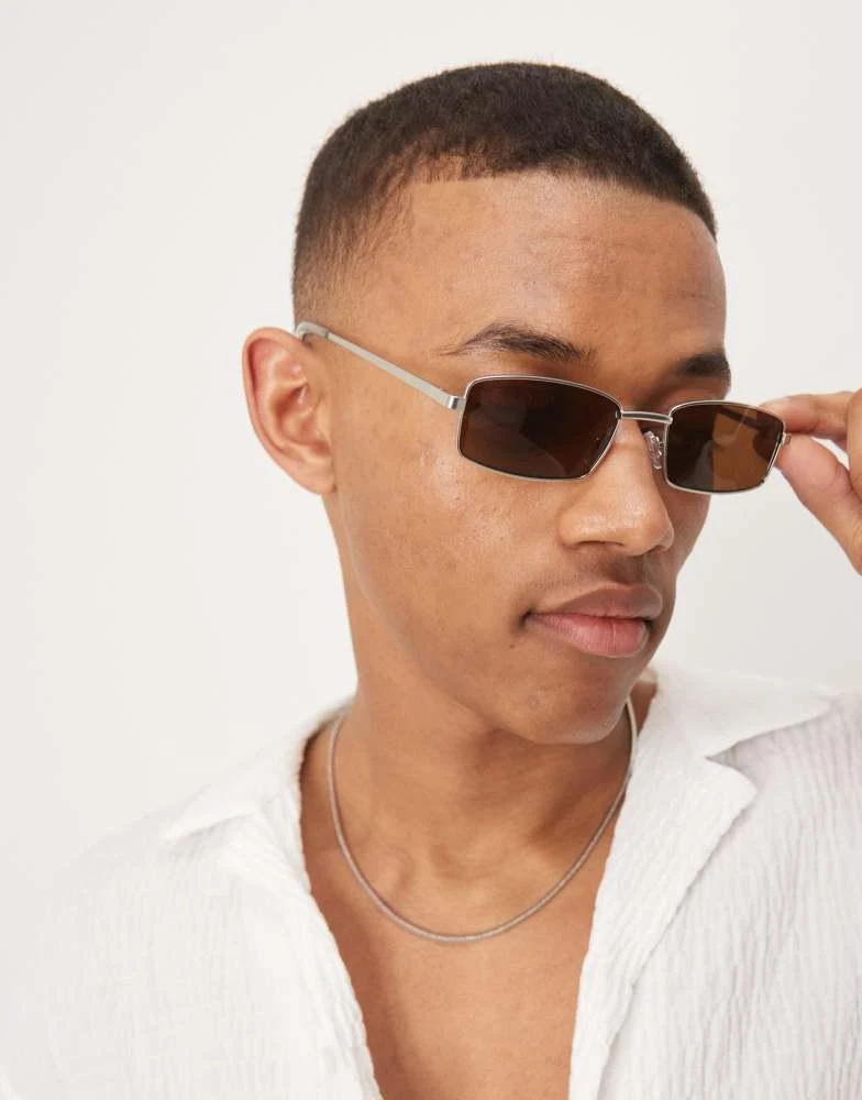 商品ASOS|ASOS DESIGN metal rectangle sunglasses with matte silver frame and brown lens,价格¥165,第1张图片
