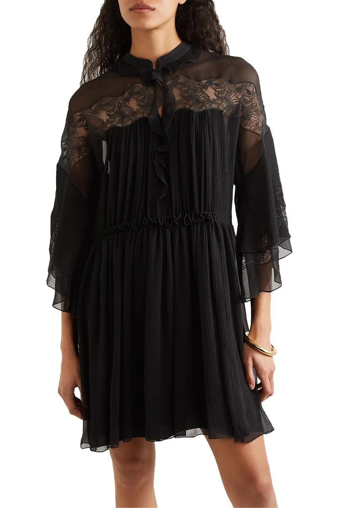商品Chloé|Lace-paneled ruffled plissé-silk georgette mini dress,价格¥3852,第5张图片详细描述