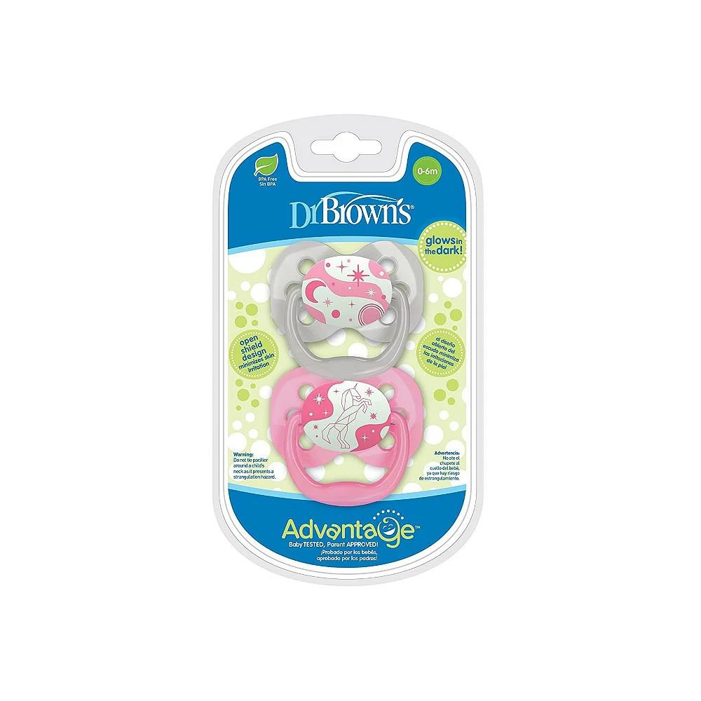 商品Dr. Browns|Advantage Symmetrical Pacifier, Pink, Glow-in-the-Dark, 2 Pack, 0-6m,价格¥112,第2张图片详细描述