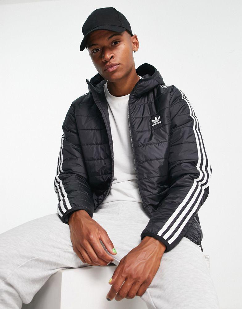 adidas Originals Adicolor 3 stripe hooded puffer jacket in black商品第1张图片规格展示