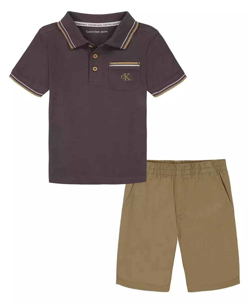 商品Calvin Klein|Toddler Boys Tipped Pique Short Sleeve Polo Shirt and Twill Shorts, 2 Piece Set,价格¥112,第1张图片