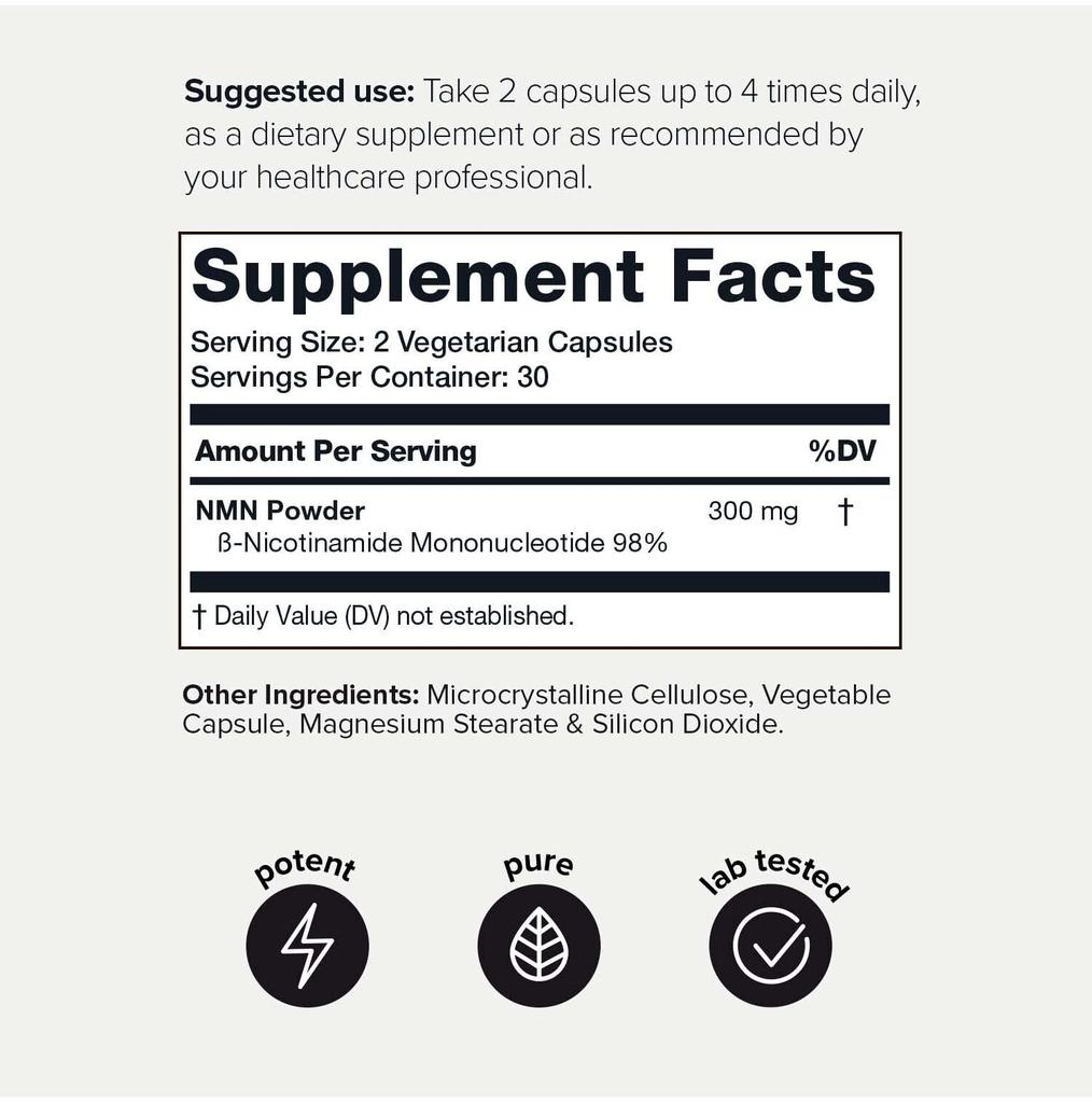 Ultra High Purity Stabilized NMN Capsules - 98% Highly Purified and Highly Bioavailable - 300mg - for NAD+ - 60 Capsules NMN Nicotinamide Mononucleotide Booster Supplement商品第2张图片规格展示