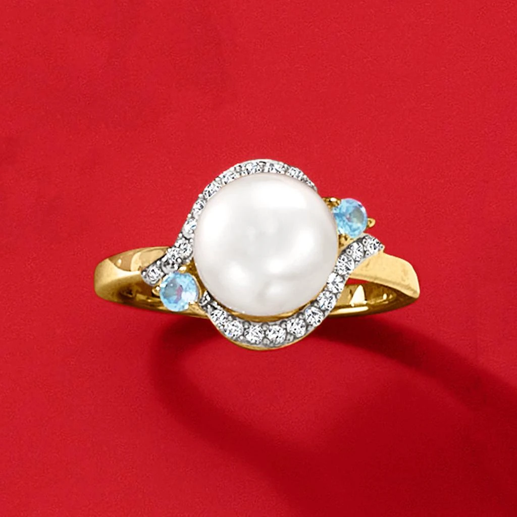 商品Ross-Simons|8.5-9mm Cultured Pearl, White Zircon and . Swiss Blue Topaz Ring in 18kt Gold Over Sterling,价格¥823,第4张图片详细描述