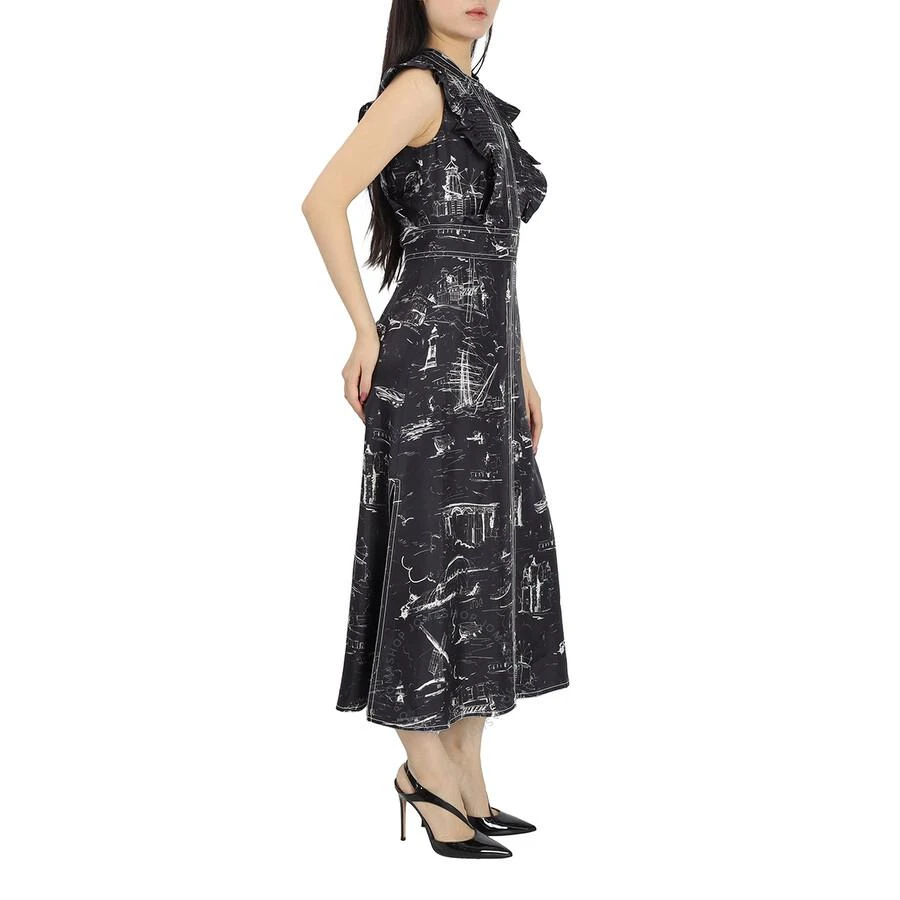 商品Burberry|Ruffle Detail Landmark Print Silk Dress In Black,价格¥5391,第1张图片