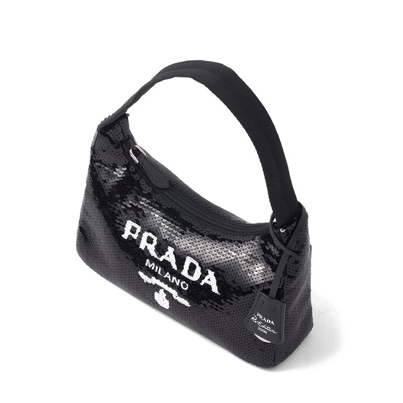 商品Prada|【预售3-7天】PRADA/普拉达 21年秋冬Re-Edition 2000 系列 女士迷你黑色再生尼龙通体亮片装饰拉链拉合徽标斜跨单肩包1NE515_2D0Y_F0967,价格¥13076,第5张图片详细描述
