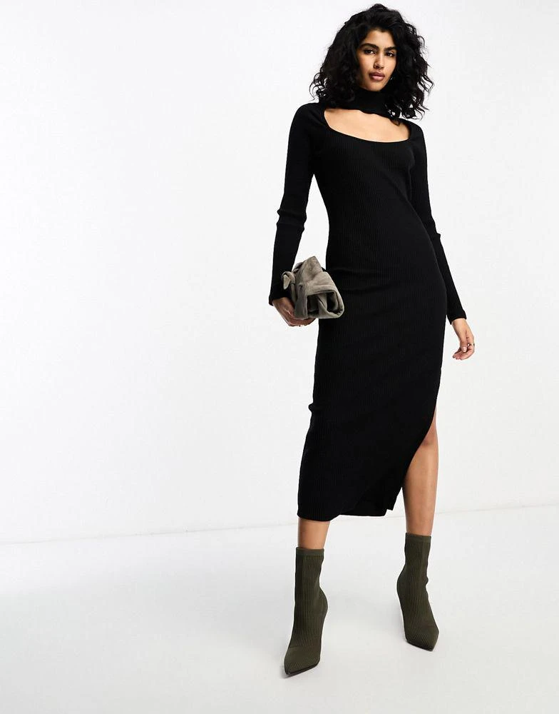 商品ASOS|ASOS DESIGN supersoft rib long sleeve fitted midi dress with choker detail in black,价格¥120,第1张图片