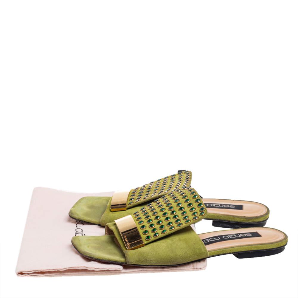 Sergio Rossi Green Suede Studded Flat Slides Size 36.5商品第8张图片规格展示