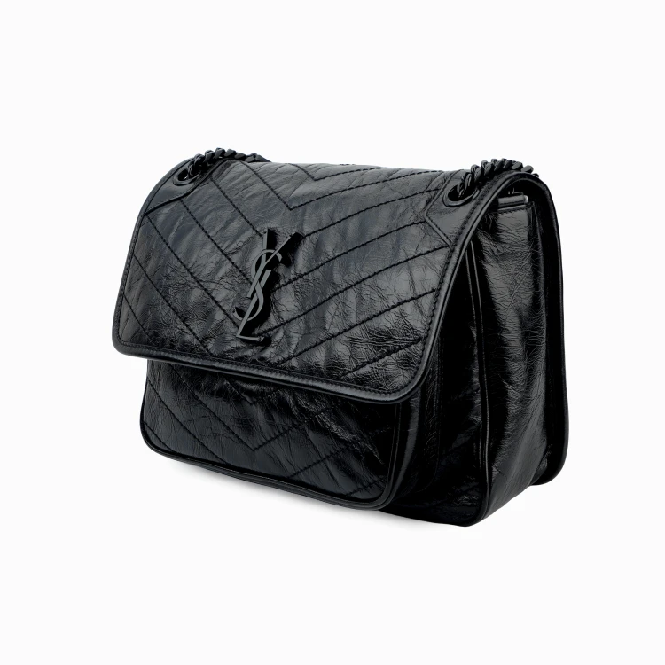 商品[国内直发] Yves Saint Laurent|圣罗兰 YSL Niki 黑链黑标Logo复古褶皱 牛皮革 流浪包斜挎单肩包 中号 女款 黑色,价格¥20634,第4张图片详细描述