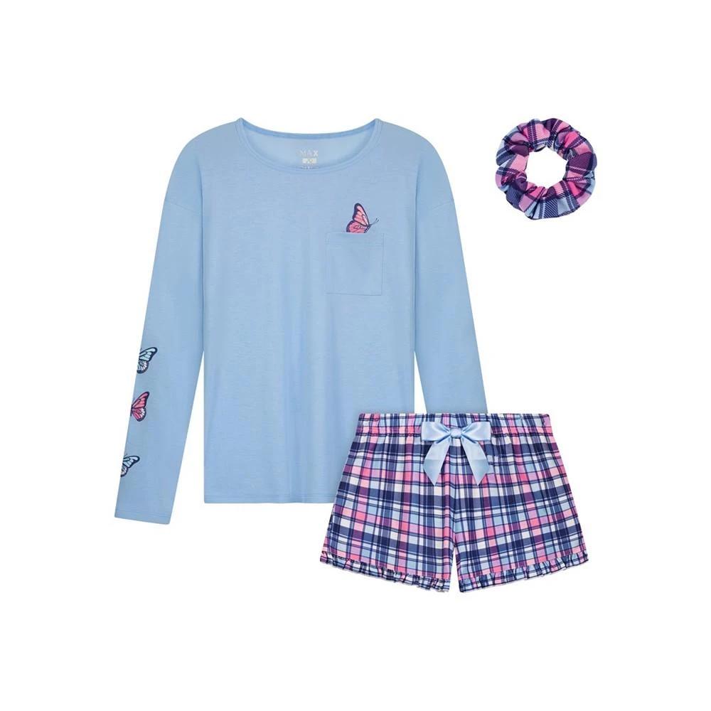 商品Max & Olivia|Big Girls Top with Screen Print, Shorts with Bow at Waist, Matching Scrunchie, 3 Piece Set,价格¥86,第1张图片