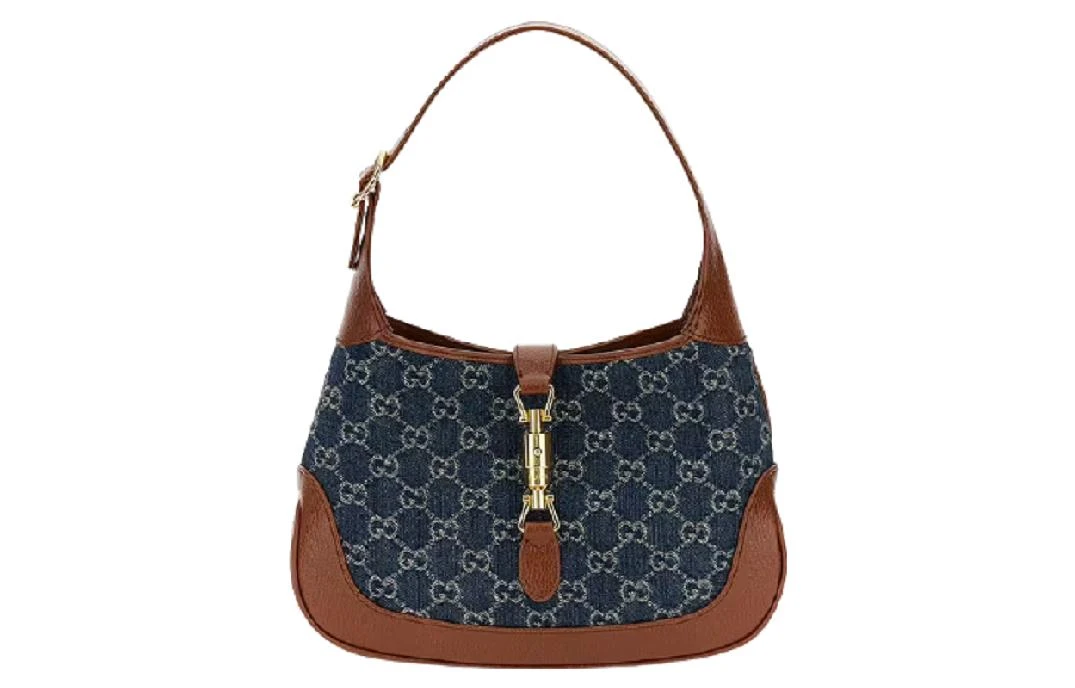 商品[国内直发] Gucci|古驰 Jackie 1961 金色锁扣老花满印可拆卸延长肩带 帆布拼皮革饰边 帆布包半月腋下包 单肩包 小号 女款 棕蓝拼色,价格¥14421,第1张图片