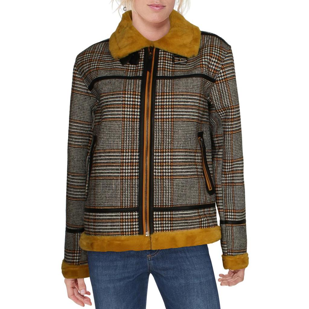 Urban Outfitters Women's Plaid Print Faux Fur Trim Winter Coat商品第1张图片规格展示