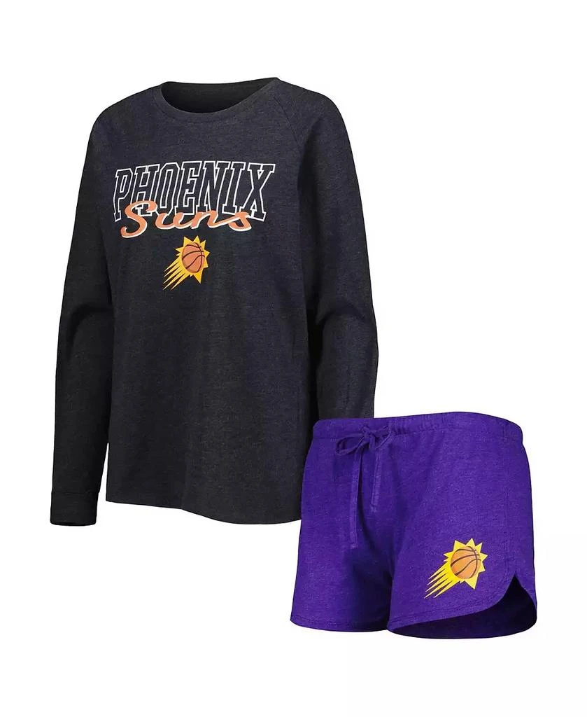 商品Concepts Sport|Women's Heather Black, Heather Purple Phoenix Suns Team Raglan Long Sleeve T-shirt and Shorts Sleep Set,价格¥411,第1张图片