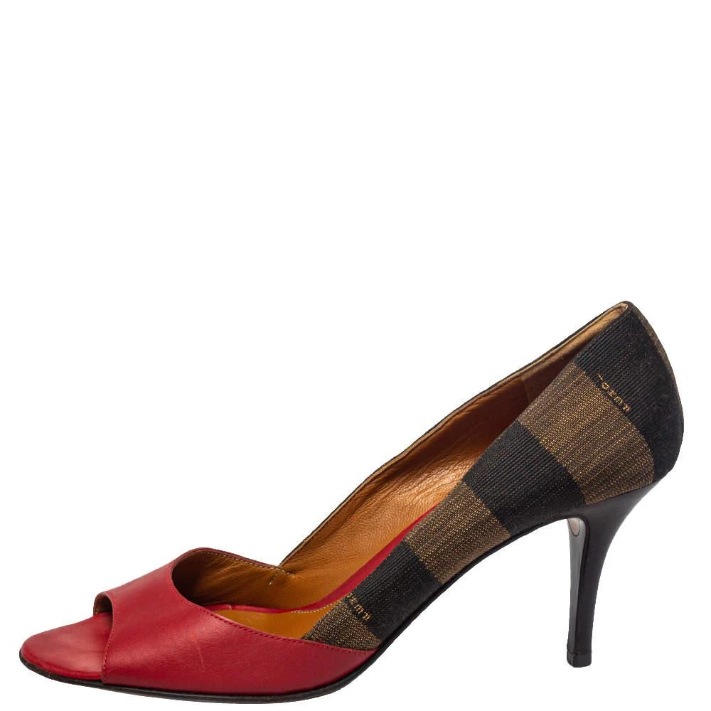 商品[二手商品] Fendi|Fendi Red Leather And Brown Pequin Canvas Peep Toe Pumps Size 39.5,价格¥1945,第2张图片详细描述