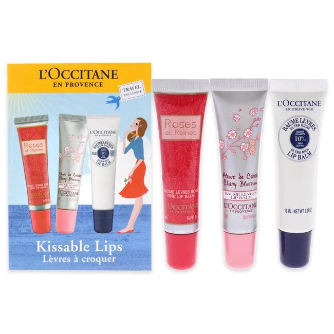 商品L'Occitane|Kissable Lips Set by LOccitane for Women - 3 Pc 0.4oz Shea Butter Ultra Rich Lip Balm, 0.39oz Roses Et Reine Pink Lip Balm, 0.4oz Cherry Blossom Lip Balm,价格¥284,第1张图片