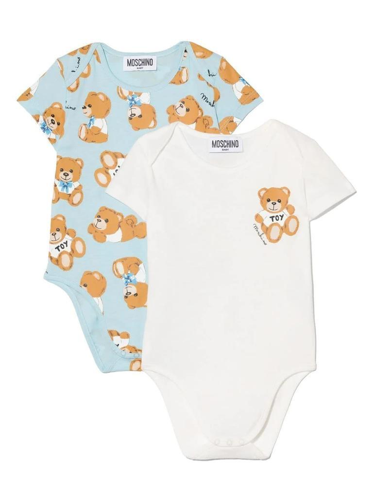 商品Moschino|Moschino Set 2 Baby Bodysuits In White And Light Blue Cotton With Teddy Bear Print,价格¥893,第1张图片