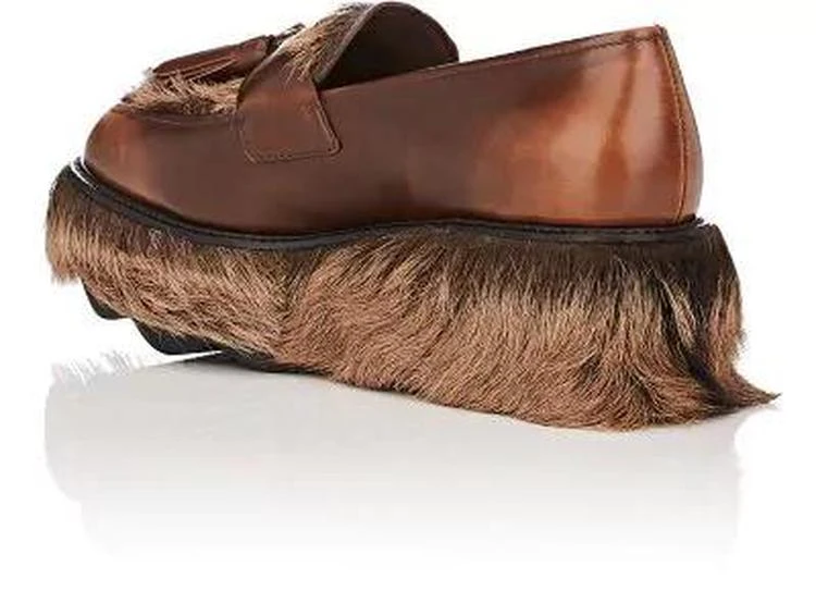 商品Prada|Fur-Trimmed Leather Platform Loafers,价格¥3562,第3张图片详细描述