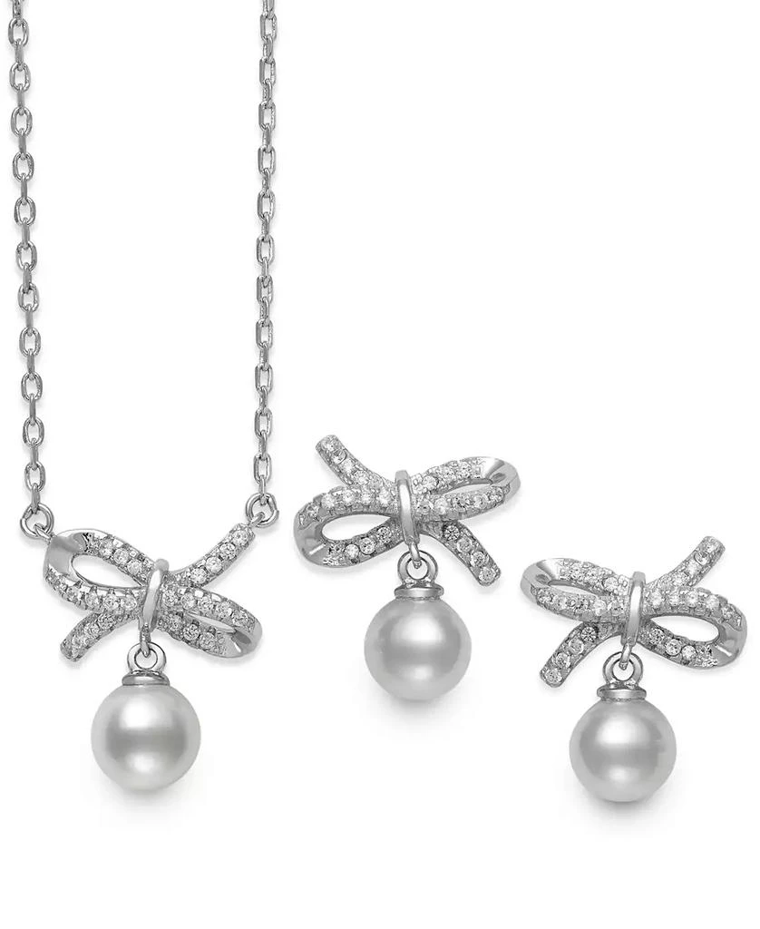 商品Belle de Mer|2-Pc. Set Cultured Freshwater Pearl (6mm) & Cubic Zirconia Ribbon Pendant Necklace & Matching Drop Earrings in Sterling Silver,价格¥612,第4张图片详细描述