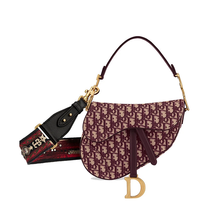 商品Dior|【包税】DIOR/迪奥 经典SADDLE系列 女士酒红色老花刺绣织物D形扣装饰翻盖单肩手提马鞍包M0446CTZQ_M974,价格¥232367,第6张图片详细描述